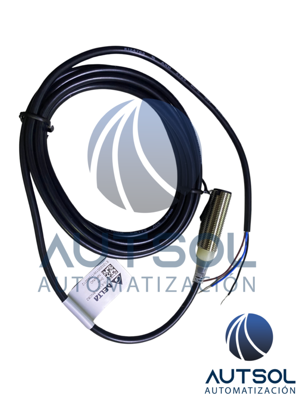 Sensor de Proximidad Inductivo Cilíndrico M12 Delta Electronics IS-E1202-BNOB2 | Salida NPN Normally Open (NO) | Detección de 2 mm (Enrasado / Shielded) | Alimentación 10 a 30 VDC | Cable Pre-cableado de 2 Metros