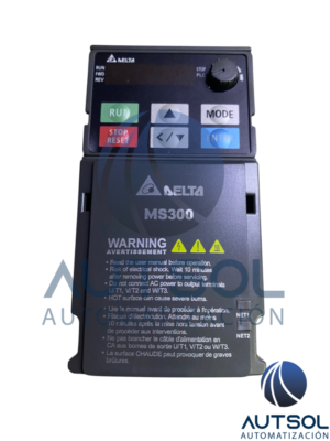 Variador de Frecuencia Compacto Delta Electronics VFD4A8MS23ANSAA | Serie MS300 | 0.75 kW (1 HP) | Entrada Trifásica 200-240 VAC | Salida Trifásica 0-240 VAC | Corriente Nominal 4.8 A | Función STO (SIL 2) | Montaje en Riel DIN / Panel