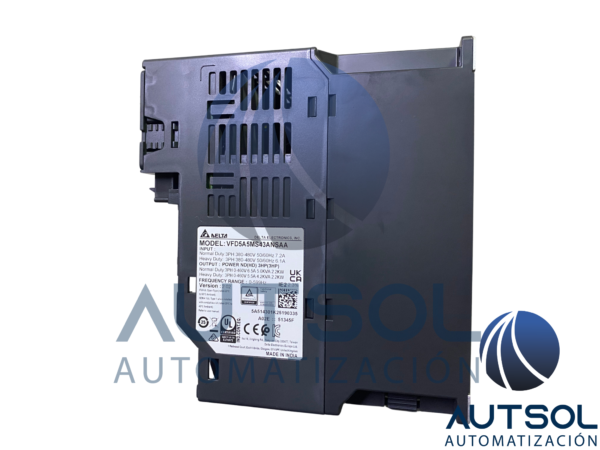 Variador de Frecuencia Compacto Delta Electronics VFD5A5MS43ANSAA | Serie MS300 | 2.2 kW (3 HP) | Entrada Trifásica 380-480 VAC | Salida Trifásica 0-480 VAC | Corriente Nominal 5.5 A | Función STO (SIL 2) | Montaje en Riel DIN / Panel