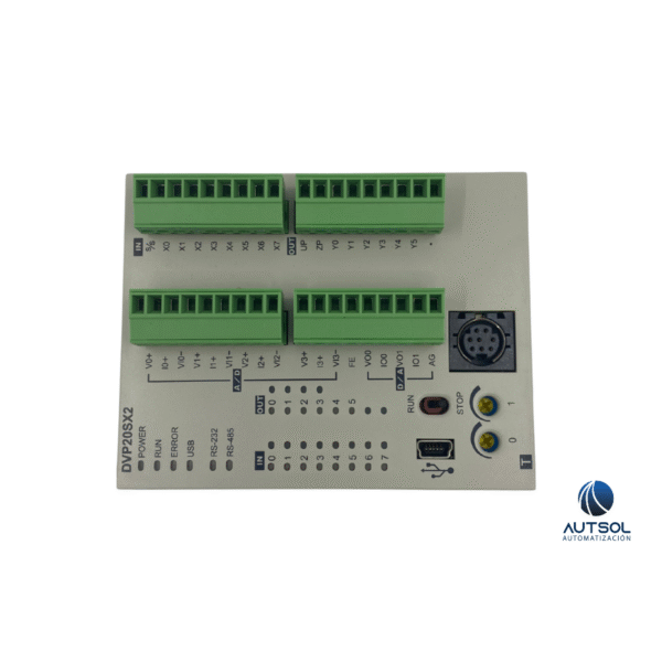 DVP20SX211T (1) Controlador Lógico Programable Delta DVP20SX211T – 8DI/4DO, 6AI/2AO, Alimentación DC