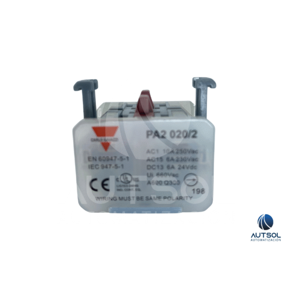 Bloque de Contacto Carlo Gavazzi PA2020/2 | 2NC (Doble Cerrado) 10A | Acción Lenta Apertura Forzada | Para Botonera PA2
