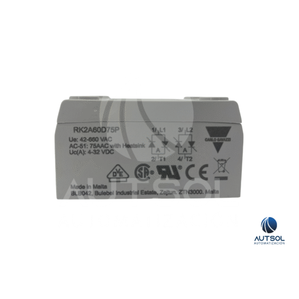 RK2A60D75P (3) Relevador Estado Sólido Carlo Gavazzi RK2A60D75P | 2 Polos 75A 600VAC | Control Ángulo Fase Potenciómetro 4-32VDC