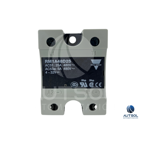 RM1A48D25 (1) Relevador Estado Sólido Carlo Gavazzi RM1A48D25 | 25A 480VAC | Control 4-32VDC | SSR Monofásico Cruce por Cero Montaje Panel