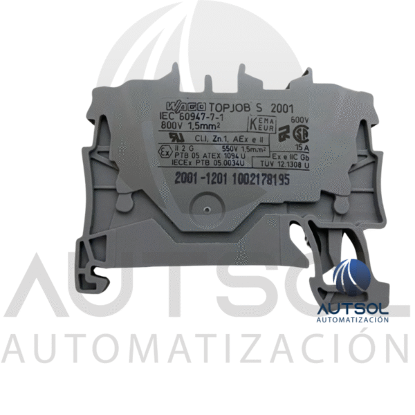 Clema / Borna de Paso Wago 2001-1201 | 2 Conductores 1.5mm² (AWG 16) | Push-in Ranura | Riel DIN Gris