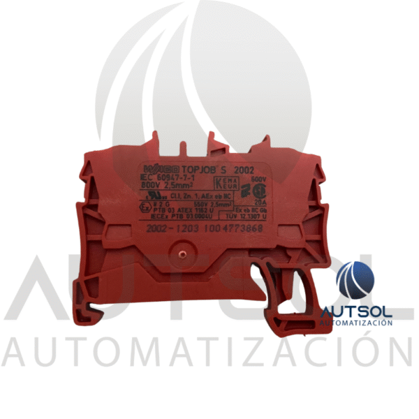 Clema / Borna de Paso Wago 2002-1203 | 2 Conductores 2.5mm² (AWG 12) | Roja | Push-in Ranura