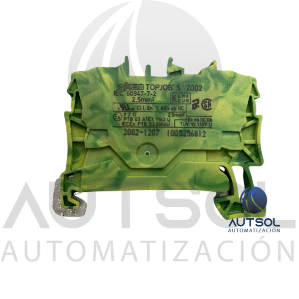 Clema / Borna de Tierra Wago 2002-1207 | 2 Conductores 2.5mm² (AWG 12) | Push-in Ranura | Verde-Amarillo