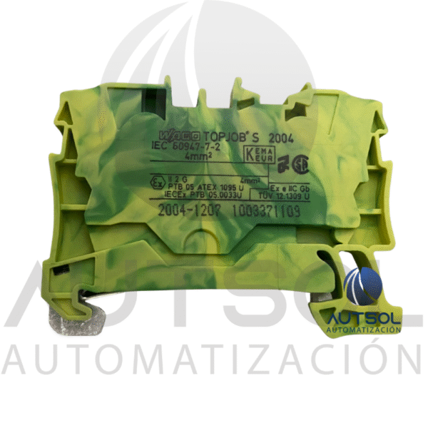 Clema / Borna de Tierra Wago 2004-1207 | 2 Conductores 4mm² (AWG 10) | Push-in Ranura | Verde-Amarillo