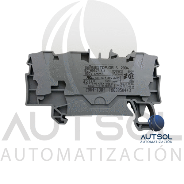 Clema / Borna de Paso Wago 2004-1301 | 3 Conductores 4mm² (AWG 10) | Push-in Ranura | Riel DIN Gris