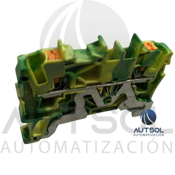 Clema / Borna de Tierra Wago 2202-1207 | 2 Conductores 2.5mm² (AWG 12) | Botón Naranja | Verde-Amarillo