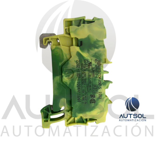 Clema / Borna de Tierra Wago 2202-1307 | 3 Conductores 2.5mm² (AWG 12) | Botón Naranja | Verde-Amarillo