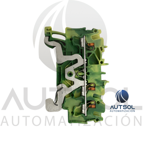 Clema / Borna de Tierra Wago 2202-1307 | 3 Conductores 2.5mm² (AWG 12) | Botón Naranja | Verde-Amarillo