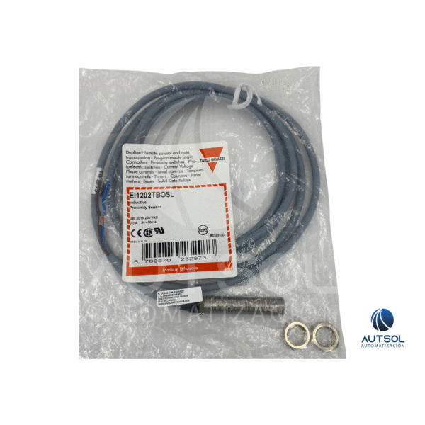 Sensor Inductivo M12 Carlo Gavazzi EI1202TBOSL | 2mm Rasante | 2 Hilos AC (20-250V) | Salida SCR NA Cuerpo Corto Plástico
