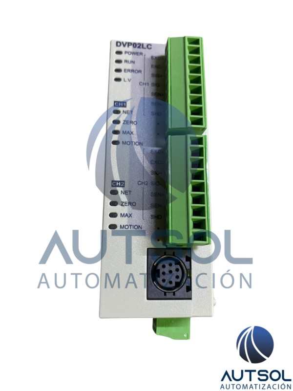 Módulo de Medición de Carga / Célula de Carga Delta Electronics DVP02LC-SL | Serie DVP-S | 2 Canales de Entrada para Células de Carga | Resolución de 20 bits | Montaje en Riel DIN | Lado Izquierdo (Left-Side Extension)
