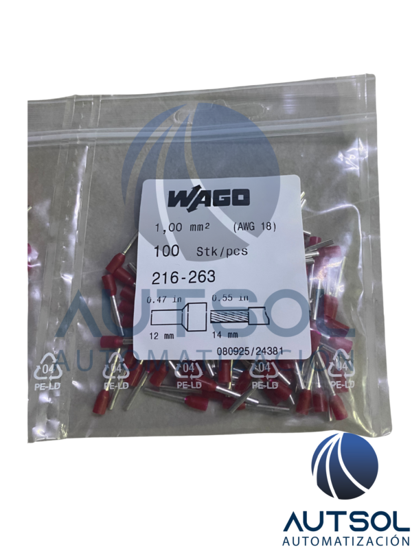 Puntera Hueca Aislada WAGO 216-263 | Casquillo de Apriete (Ferrule) para Conductor de 1.0 mm² (18 AWG) | Cobre Estañado con Cuello Polimérico | Longitud de Empalme 12 mm | Color Rojo | Conforme a Norma DIN 46228-4