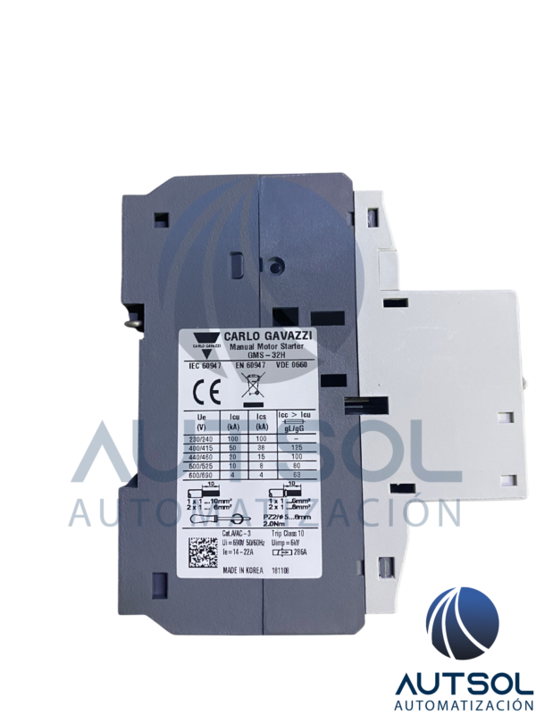 Guardamotor Magnético / Electromecánico Carlo Gavazzi GMS-32H 22A (Serie GMS) | Interruptor de Protección de Motor | Rango de Ajuste Térmico 14 ~ 22 A | Disparo Magnético de Alta Capacidad (286 A) | Capacidad de Ruptura Icu 50 kA a 400/415 V | Accionamiento por Maneta Giratoria (Rotary Handle) | Montaje en Riel DIN-35 / Panel | Ancho de 45 mm