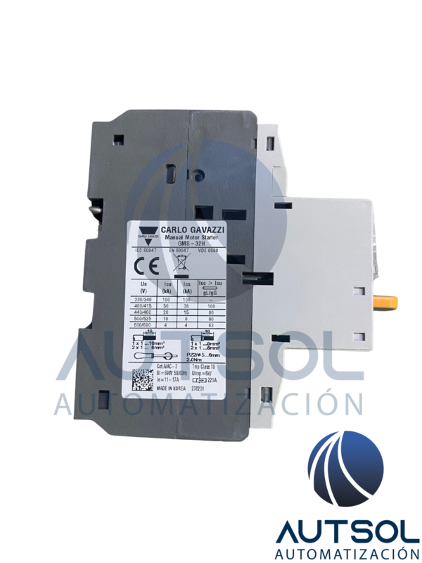 Guardamotor Magnético / Electromecánico Carlo Gavazzi GMS-32H 17A (Serie GMS) | Interruptor de Protección de Motor | Rango de Ajuste Térmico 11 ~ 17 A | Disparo Magnético de Alta Capacidad (221 A) | Capacidad de Ruptura Icu 50 kA a 400/415 V | Accionamiento por Maneta Giratoria (Rotary Handle) | Montaje en Riel DIN-35 / Panel | Ancho de 45 mm