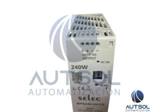 Fuente de Alimentación Conmutada para Riel DIN Altech / Selec RPS240-24 | Salida 24 VCD / 10 A | Potencia 240 W | Entrada Monofásica/Bifásica 90–264 VCA / 120–370 VCD | Eficiencia >88% | Montaje en Riel DIN