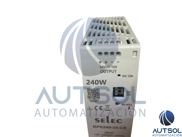 Fuente de Alimentación Conmutada para Riel DIN Altech / Selec RPS240-24 | Salida 24 VCD / 10 A | Potencia 240 W | Entrada Monofásica/Bifásica 90–264 VCA / 120–370 VCD | Eficiencia >88% | Montaje en Riel DIN