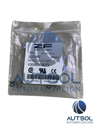 Terminal de Punta / Ferrule Aislado Altech V30AE000072 | Para Calibre de Cable 0.25 mm² / 24 AWG | Color Turquesa / Azul Turquesa | Longitud de Tubo Conductor de 8 mm | Paquete de 100 Piezas