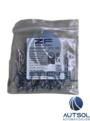 Terminal de Punta / Ferrule Aislado Altech V30AE000080 | Para Calibre de Cable 1.0 mm² / 18 AWG | Color Gris | Longitud de Tubo Conductor de 8 mm | Paquete de 100 Piezas