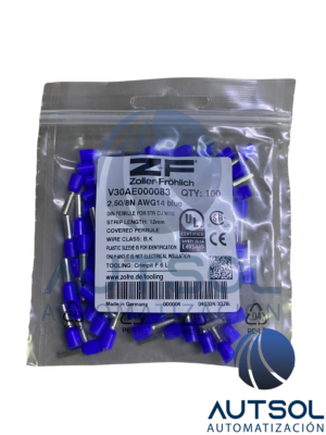 Terminal de Punta / Ferrule Aislado Altech V30AE000083 | Para Calibre de Cable 2.5 mm² / 14 AWG | Color Azul | Longitud de Tubo Conductor de 8 mm | Paquete de 100 Piezas