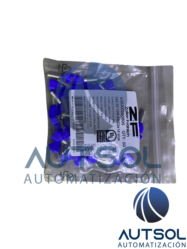 Terminal de Punta / Ferrule Doble Aislado Altech V30AE000605 | Para Dos Cables Calibre 2.5 mm² / 14 AWG | Color Azul | Longitud de Tubo Conductor de 10 mm | Paquete de 50 Piezas