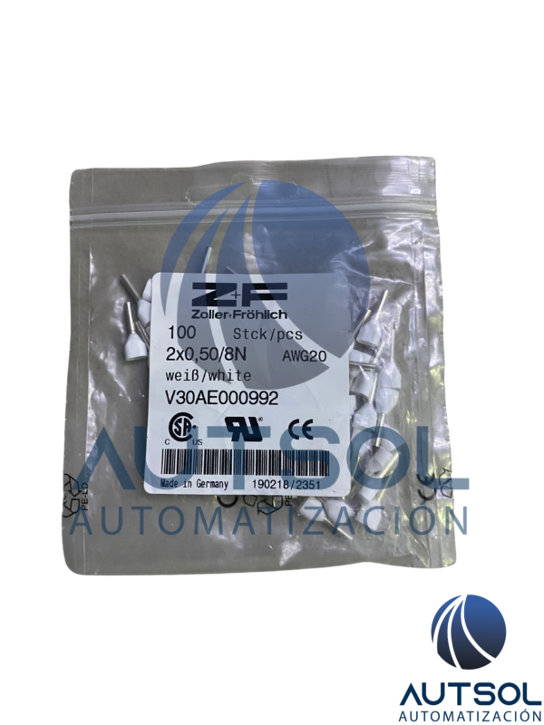 Terminal de Punta / Ferrule Doble Aislado Altech V30AE000992 | Para Dos Cables Calibre 0.5 mm² / 20 AWG | Color Blanco | Longitud de Tubo Conductor de 8 mm | Paquete de 100 Piezas