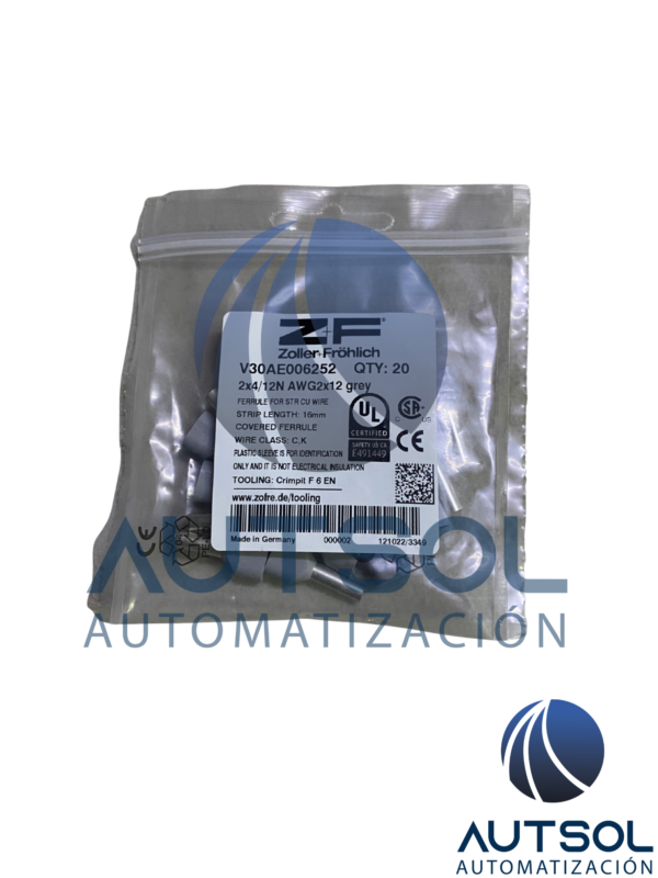 Terminal de Punta / Ferrule Doble Aislado Altech V30AE006252 | Para Dos Cables Calibre 4.0 mm² / 12 AWG | Color Gris | Longitud de Tubo Conductor de 12 mm | Paquete de 20 Piezas
