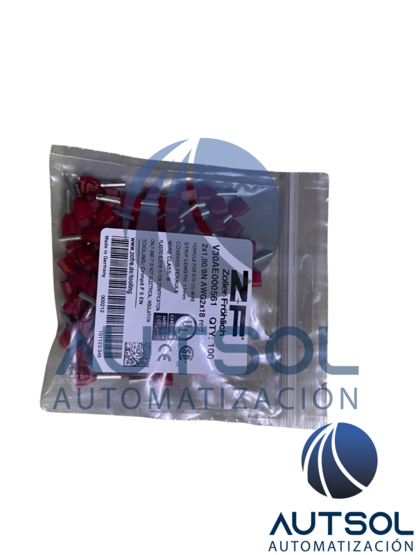 Terminal de Punta / Ferrule Doble Aislado Altech V30AE000561 | Para Dos Cables Calibre 0.75 mm² / 18 AWG | Color Rojo | Longitud de Tubo Conductor de 8 mm | Paquete de 100 Piezas