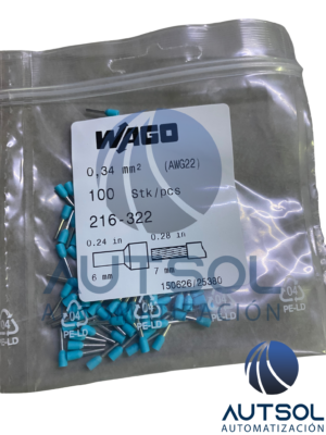 Puntera Hueca Aislada WAGO 216-322 | Casquillo de Apriete (Ferrule) para Conductor de 0.34 mm² (22 AWG) | Cobre Estañado con Cuello Polimérico | Longitud de Empalme 6 mm | Color Turquesa Claro