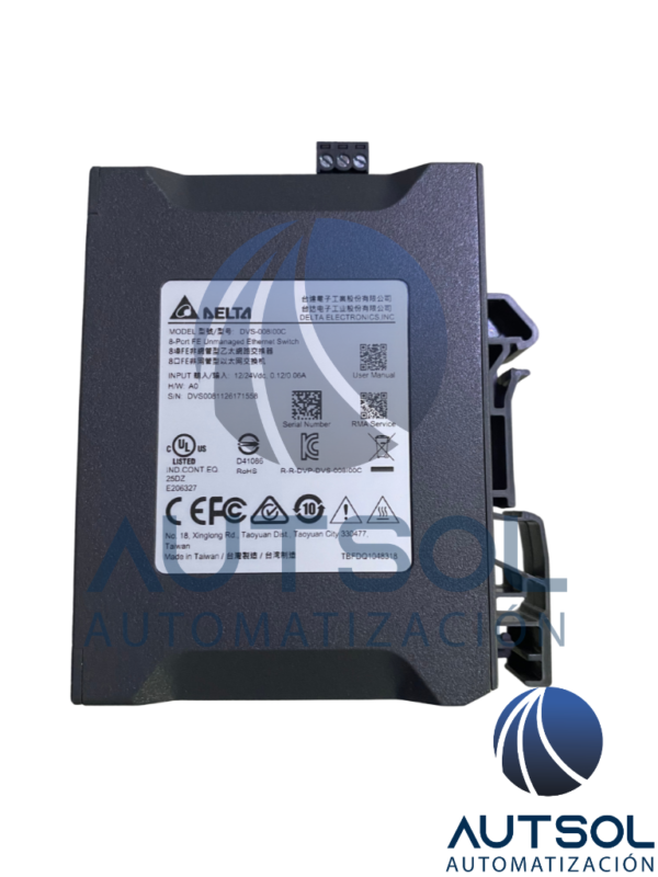 Switch Ethernet Industrial No Administrable Delta Electronics DVS-008I00C | Serie DVS | 8 Puertos Fast Ethernet RJ-45 (10/100 Mbps) | Entrada de Alimentación Redundante 12 a 48 VDC | Montaje en Riel DIN