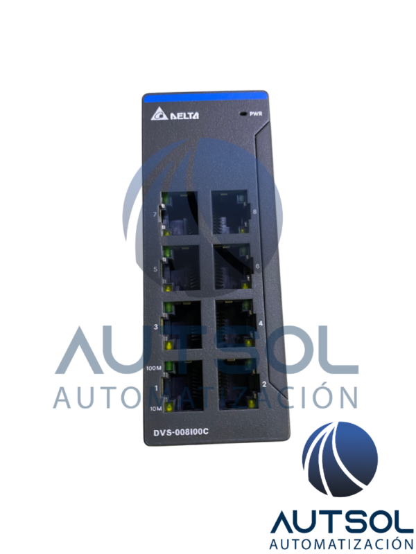 Switch Ethernet Industrial No Administrable Delta Electronics DVS-008I00C | Serie DVS | 8 Puertos Fast Ethernet RJ-45 (10/100 Mbps) | Entrada de Alimentación Redundante 12 a 48 VDC | Montaje en Riel DIN